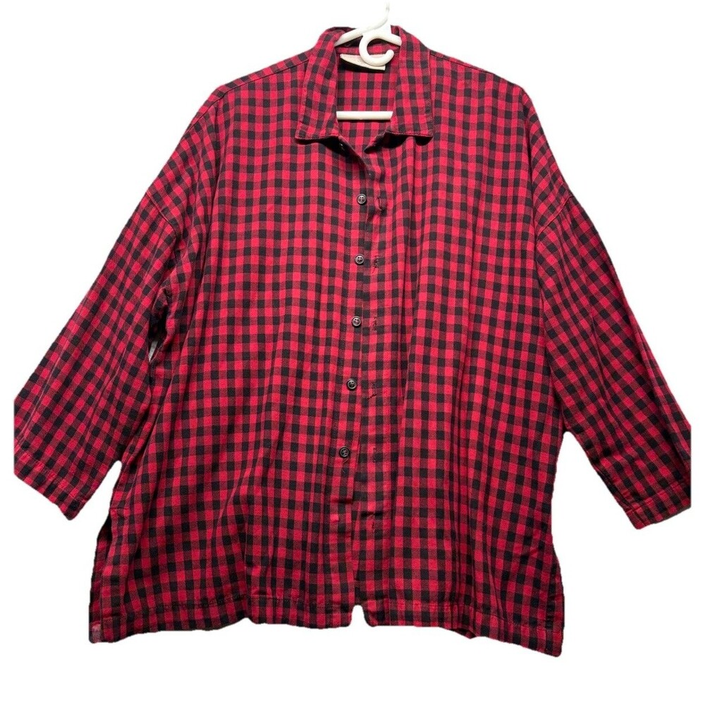 Eleven Stitch Design Shirt Womens XS Red Black Check Plaid Button Up Lagenlook